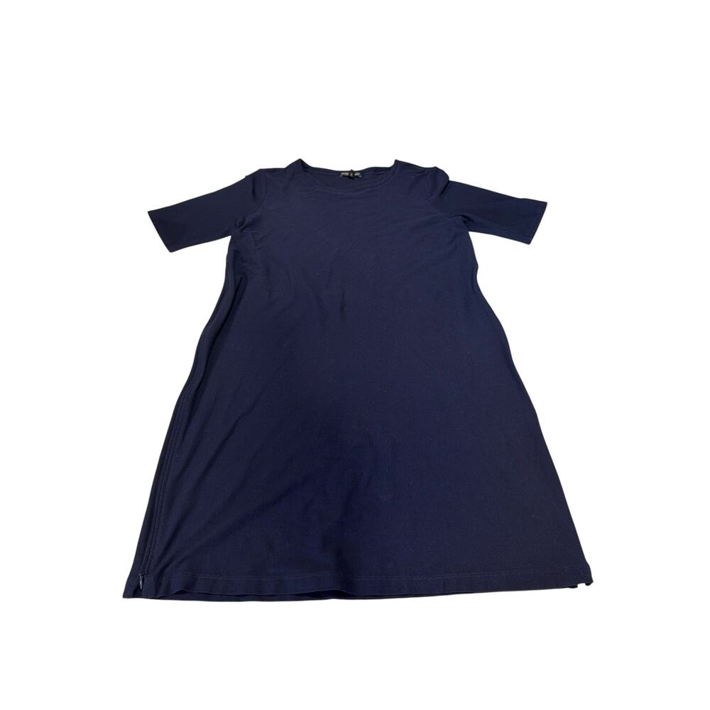 Eileen Fisher Shift Knee Length Dress Navy Jewel Neck Sz XS Hem Side Zips Crepe